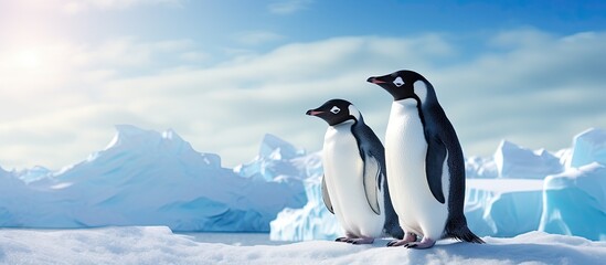 adelie penguins chatting in antarctica.