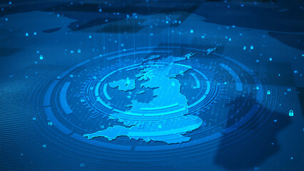 Futuristic technology digital circle security system United Kingdom map HUD