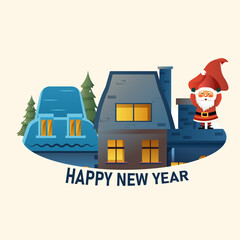 Sticker - santa claus in red costume standing on chimney happy new year holiday celebration template full length