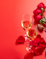 Wall Mural - Valentines day card with champagne and rose flowers