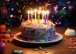 A photorealistic image of a birthday cake with vibrant colors and intricate details, captured from