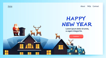 Poster - santa claus in red costume with reindeer standing together on house roof christmas eve holiday happy new year celebration template