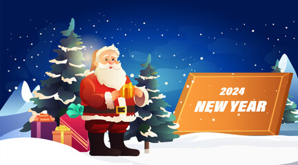 Sticker - santa claus in red costume and hat holding wrapped gift box christmas eve holiday happy new year celebration greeting card