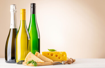 Canvas Print - Various cheese on board and white wine