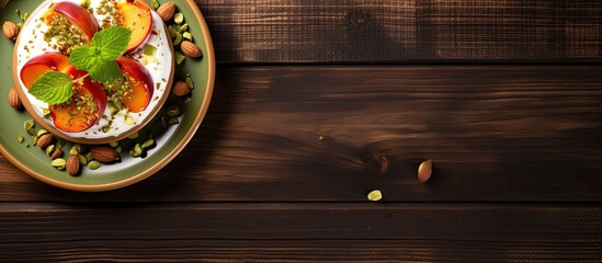 Sticker - Delicious healthy dessert with grilled nectarines, yogurt, and green pistachios, presented on a wooden table from above.