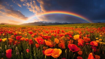 Poster - A rainbow forming above a field of poppies