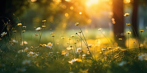 Wall Mural - Golden hours in meadow. Symphony of nature beauty. Summer embrace unveils carpet of blooming flowers with daisies painting landscape in shades of yellow