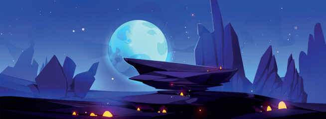 Wall Mural - game alien planet landscape with purple ground surface at night. cartoon vector fantasy outer space 