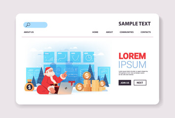 Poster - santa claus in red costume analyzing financial data on charts and graphs planning report market analysis accounting happy new year merry christmas