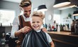 A Fatherly Barber Grooming a Young Boy's Hair