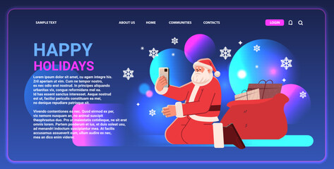 Poster - santa claus in red costume kneeling on floor and using cell phone happy new year merry christmas holidays celebration concept