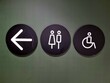 Women's restroom or men's restroom and arrow sign on miscellaneous background.​