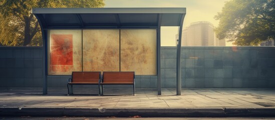 Wall Mural - A bus stop image with an empty advertising billboard, in high dynamic range.