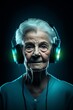 © Victoria - Elderly Woman with Luminous Headphones in Dark Setting