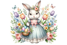 Watercolor Easter Bunny With Eggs Clipart , Easter Basket And Spring Flowers , Hand Drawn , Botanical Plant Illustration Cut Out Transparent Isolated On White Background ,PNG File	