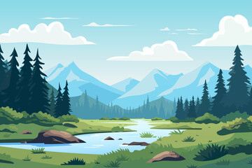 Canvas Print - Beautiful landscape. A magnificent forest clearing with a river bank against the backdrop of amazing mountains. Vector illustration of a spring or summer landscape.