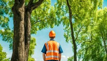 Worker With Tools And An Orange Helmet Standing Against A Background Of Green Trees And Blue Sky. Rear View, Close-up. Concept Of Work And Employment