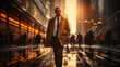 Blurred businessman walking in the city telephoto lens morning light , generative ai.