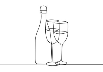 Wall Mural - Continuous Line Drawing of Champagne Glasses Black Sketch on White Background. Two Glasses Simple One Line Drawing. Minimal Hand Draw Illustration for Cafe, Party, Holiday, Invitation. Vector EPS 10