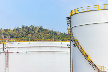 Wall Mural - White fuel oil storage tank with blue sky background, Storage tank important infrastructure for oil and gas, The storage tank place to receive and store oil at fuel terminal, Oil and Gas storage tank.