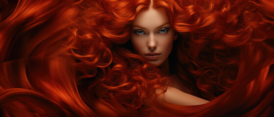 Wall Mural - Sensual sexy beauty portrait of a red haired young woman with a healthy shiny long hair in a perfect red hair color. Closeup portrait banner