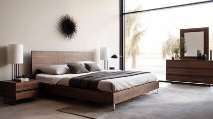 Wall Mural - Light modern master bedroom interior with dark wood