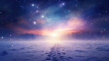 Cold Foggy Winter Space Of Snow With Some Magic Lights, Nature In Winter With Bokeh, Magic Place In Sunset