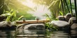 Product display on a rock in an empty spa landscape background, beautiful green bamboo plants and fresh water flow in sunshine with asian zen spirit