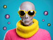 Alien in sunglasses and bright clothes. Playful extraterrestrial fashion statement.