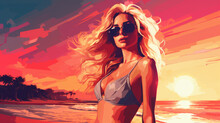Illustration Of Portrait Of A Young Blonde Caucasian Woman Wearing A Bikini On The Beach With Sunset Colors And Hair Blowing In The Wind