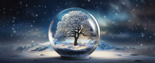 A Festive Winter Wonderland, With A Small Tree Inside A Snow Globe, As Snow Gently Falls