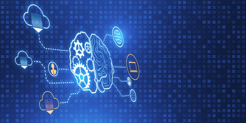 Creative digital brain hologram with cogwheels and various connected icons on blue backdrop. Invention, ai and innovation concept. 3D Rendering.