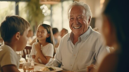 Happy senior grandfather talking and having fun with grandchildren at lunch