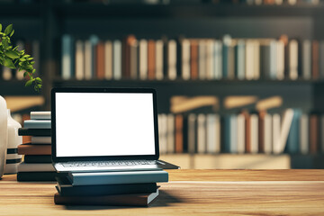 Wall Mural - Laptop on stand with books and plant on wooden table, educational technology concept. 3D Rendering