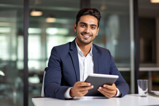 happy young Indian businessman employee manager using a tablet computer, looking at the camera at his office desk