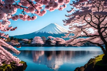 Mount Fuji with cherry blossom at Lake kawaguchiko in japan