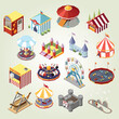 amusement park isometric set isolated icons with traveling circus big tops junk food stalls attracti