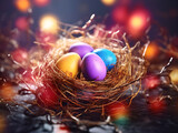 Fototapeta Londyn - beautiful easter background with colored eggs in a nest. volumetric light, copy space. holiday lights