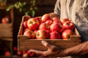 Wall Mural - Close up view of unrecognizable worker holding crate full of red apples