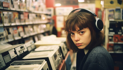 Vintage polaroid picture, 1996s 15 years old teenager in a record store in London,listening to record with headphone generative ai