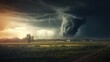Natural disaster concept. Tornado raging over a landscape. Storm over cornfield. Super cell wall cloud moving over the rural landscape during severe storm tornado warning