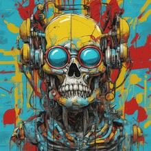 AI Generated Illustration Of A Human Skull Wearing Headphones
