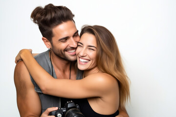 Wall Mural - Man and woman hugging each other with camera.