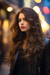 Poster - Woman with long hair standing in the street at night.