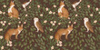 Woodland seamless pattern with floral and animals. Forest pattern with fox, owl, bird.  