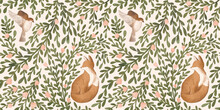 Woodland Seamless Pattern With Floral And Animals. Forest Pattern With Fox And Sparrow. 