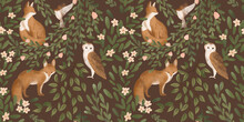 Woodland Seamless Pattern With Floral And Animals. Forest Pattern With Fox, Owl, Bird.  