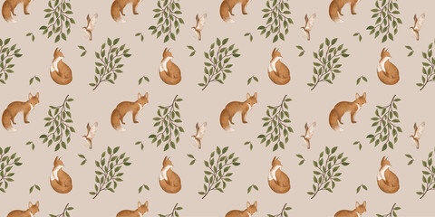 woodland seamless pattern with floral and animals. forest pattern with foxes.