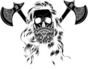 Canvas Print - black silhouette of Vikings skull with weapon ax vector grunge illustration isolated on white background