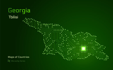 Georgia Glossy Map with a capital of Tbilisi Shown in a Microchip Pattern with processor. E-government. World Countries vector maps.